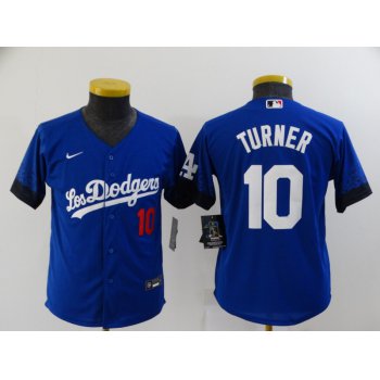 Youth Los Angeles Dodgers #10 Justin Turner Blue 2021 City Connect Number Cool Base Stitched Jersey