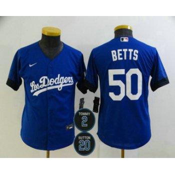 Youth Los Angeles Dodgers #50 Mookie Betts Blue #2 #20 Patch City Connect Cool Base Stitched Jersey