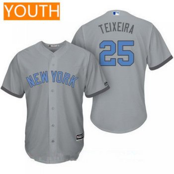 Youth New York Yankees #25 Mark Teixeira Gray With Baby Blue Father's Day Stitched MLB Majestic Cool Base Jersey