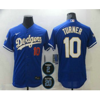 Men's Los Angeles Dodgers #10 Justin Turner Blue Gold #2 #20 Patch Stitched MLB Flex Base Nike Jersey