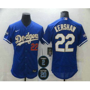 Men's Los Angeles Dodgers #22 Clayton Kershaw Blue Gold #2 #20 Patch Stitched MLB Flex Base Nike Jersey