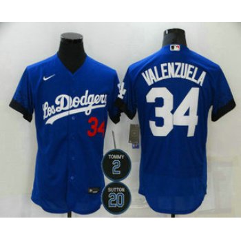 Men's Los Angeles Dodgers #34 Fernando Valenzuela Blue #2 #20 Patch City Connect Flex Base Stitched Jersey