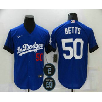Men's Los Angeles Dodgers #50 Mookie Betts Blue #2 #20 Patch City Connect Number Cool Base Stitched Jersey