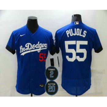 Men's Los Angeles Dodgers #55 Albert Pujols Blue #2 #20 Patch City Connect Flex Base Stitched Jersey
