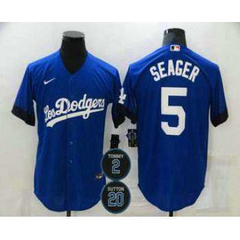 Men's Los Angeles Dodgers #5 Corey Seager Blue #2 #20 Patch City Connect Cool Base Stitched Jersey