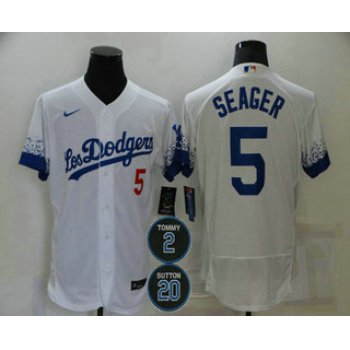 Men's Los Angeles Dodgers #5 Corey Seager White #2 #20 Patch City Connect Flex Base Stitched Jersey