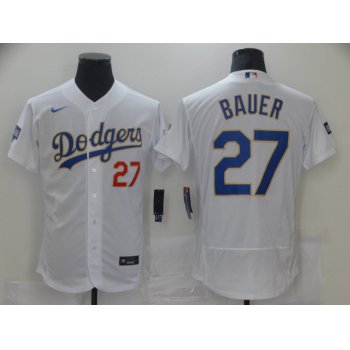 Men's Los Angeles Dodgers #27 Trevor Bauer White Gold Champions Patch Stitched MLB Flex Base Nike Jersey