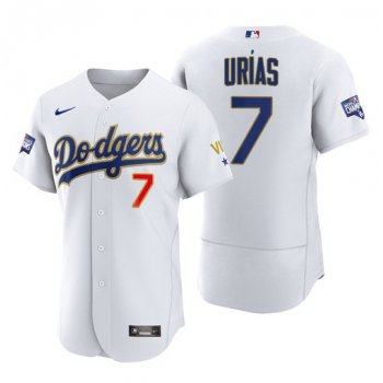 Men's Los Angeles Dodgers #7 Julio Urias White Gold Championship Flex Base Sttiched MLB Jersey