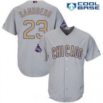 Men's Chicago Cubs #23 Ryne Sandberg Gray World Series Champions Gold Stitched MLB Majestic 2017 Cool Base Jersey
