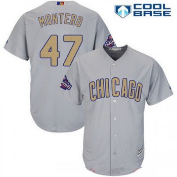 Men's Chicago Cubs #47 Miguel Montero Gray World Series Champions Gold Stitched MLB Majestic 2017 Cool Base Jersey
