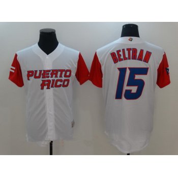 Men's Puerto Rico Baseball #15 Carlos Beltran Majestic White 2017 World Baseball Classic Stitched Authentic Jersey