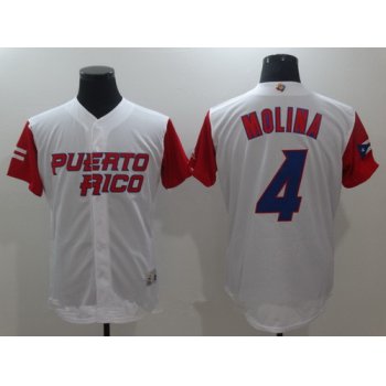 Men's Puerto Rico Baseball #4 Yadier Molina Majestic White 2017 World Baseball Classic Stitched Authentic Jersey