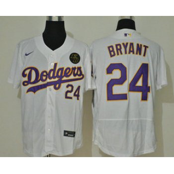 Men's Los Angeles Dodgers #24 Kobe Bryant White With Purple Name KB Patch Stitched MLB Flex Base Nike Jersey