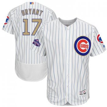 Men's Chicago Cubs #17 Kris Bryant White World Series Champions Gold Stitched MLB Majestic 2017 Flex Base Jersey