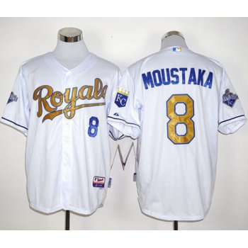 Royals #8 Mike Moustakas White 2015 World Series Champions Gold Program Stitched MLB Jersey