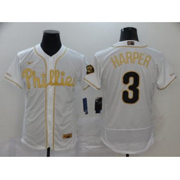 Men's Philadelphia Phillies #3 Bryce Harper White Golden Stitched MLB Flex Base Nike Jersey