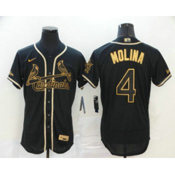 Men's St. Louis Cardinals #4 Yadier Molina Black Golden Stitched MLB Flex Base Nike Jersey