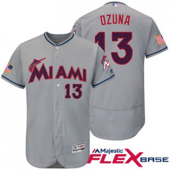 Men's Miami Marlins #13 Marchell Ozuna Gray Stars & Stripes Fashion Independence Day Stitched MLB Majestic Flex Base Jersey