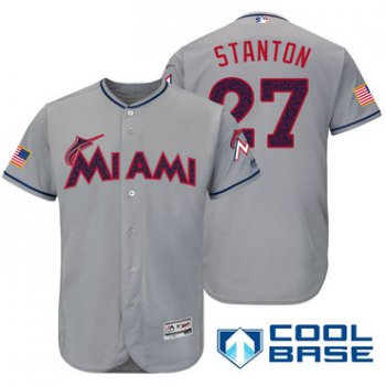 Men's Miami Marlins #27 Giancarlo Stanton Gray Stars & Stripes Fashion Independence Day Stitched MLB Majestic Cool Base Jersey