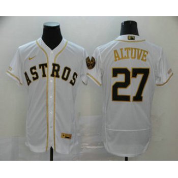 Men's Houston Astros #27 Jose Altuve White With Gold Stitched MLB Flex Base Nike Jersey