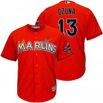 Men's Miami Marlins #13 Marchell Ozuna Orange 2017 All-Star Patch Stitched MLB Majestic Cool Base Jersey