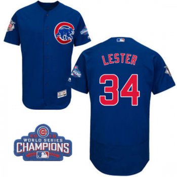 Men's Chicago Cubs #34 Jon Lester Royal Blue Majestic Flex Base 2016 World Series Champions Patch Jersey