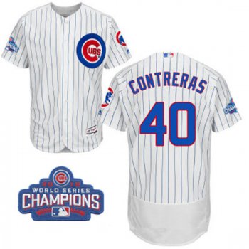 Men's Chicago Cubs #40 Willson Contreras White Home Majestic Flex Base 2016 World Series Champions Patch Jersey