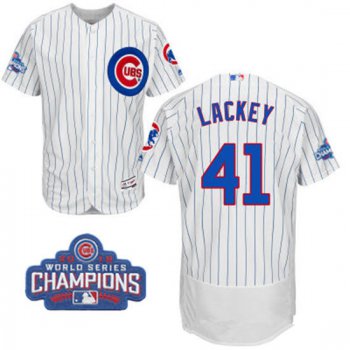 Men's Chicago Cubs #41 John Lackey White Home Majestic Flex Base 2016 World Series Champions Patch Jersey