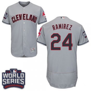 Men's Cleveland Indians #24 Manny Ramirez Gray Road 2016 World Series Patch Stitched MLB Majestic Flex Base Jersey