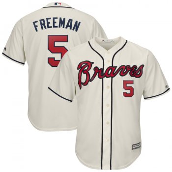 Men's Atlanta Braves 5 Freddie Freeman Cream Cool Base Jersey