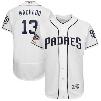 Men's San Diego Padres 13 Manny Machado White 50th Anniversary and 150th Patch FlexBase Jersey