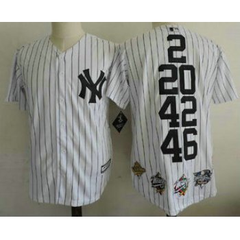 Men's New York Yankees 2 20 42 46 White Home Cool Base Cooperstown Collection Commemorative Jersey with 5 World Series Champions Patches