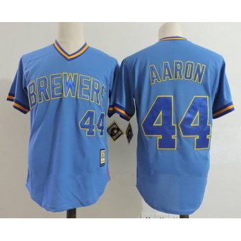 Size 5XL Men's Milwaukee Brewers #44 Hank Aaron Light Blue Pullover Throwback Cooperstown Collection Stitched MLB Mitchell & Ness Jersey