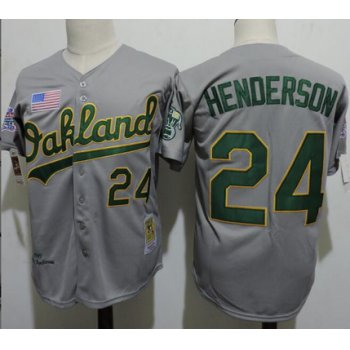 Men's Oakland Athletics #24 Rickey Henderson Gray Road Mitchell & Ness 1989 Throwback Collection Baseball Jersey