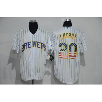 Men's Milwaukee Brewers #20 Jonathan Lucroy White Pinstripe USA Flag Fashion MLB Baseball Jersey