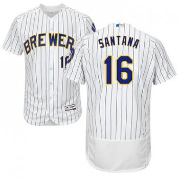 Milwaukee Brewers #16 Domingo Santana White Strip Flexbase Authentic Collection Stitched Baseball Jersey