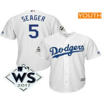 Youth Los Angeles Dodgers Corey Seager Majestic White 2017 World Series Patch Cool Base Player Jersey