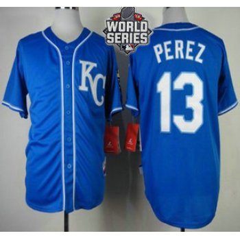 Men's Kansas City Royals #13 Salvador Perez KC Blue Alternate Baseball Jersey With 2015 World Series Patch
