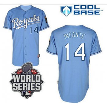 Men's Kansas City Royals #14 Omar Infante Light Blue Baseball Jersey With 2015 World Series Patch