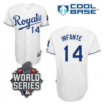 Men's Kansas City Royals #14 Omar Infante White Home Baseball Jersey With 2015 World Series Patch