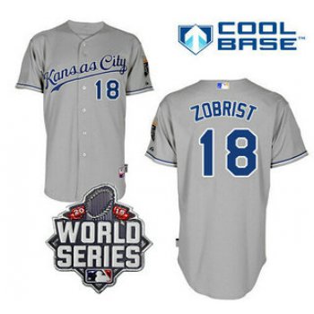 Men's Kansas City Royals #18 Ben Zobrist Gray Away Baseball Jersey With 2015 World Series Patch