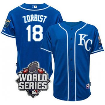 Men's Kansas City Royals #18 Ben Zobrist KC Blue Alternate Baseball Jersey With 2015 World Series Patch