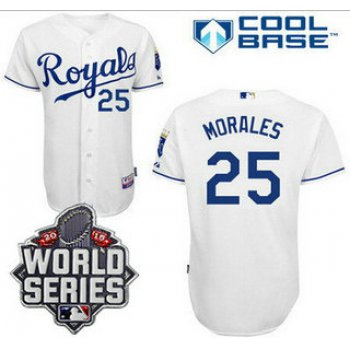 Men's Kansas City Royals #25 Kendrys Morales White Home Baseball Jersey With 2015 World Series Patch