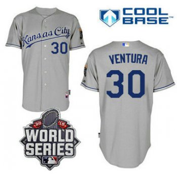 Men's Kansas City Royals #30 Yordano Ventura Gray Away Baseball Jersey With 2015 World Series Patch