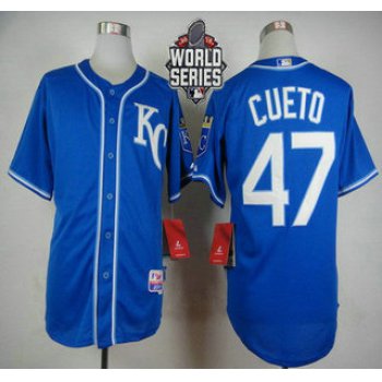 Men's Kansas City Royals #47 Johnny Cueto KC Blue Alternate Baseball Jersey With 2015 World Series Patch