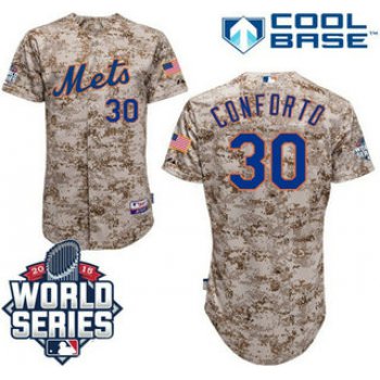 New York Mets #30 Michael ConfortoCamo Authentic Cool Base Jersey with 2015 World Series Participant Patch