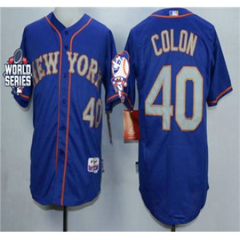 New York Mets #40 Bartolo Colon Royal Blue Gray Cool Base Jersey with World Series Participant Patch