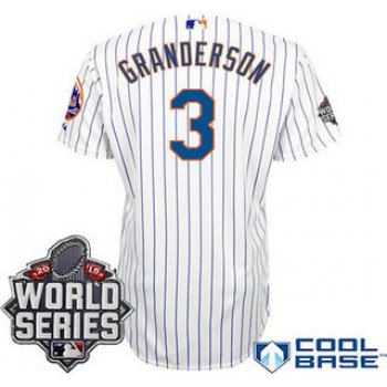 New York Mets Authentic #3 Curtis Granderson Home White Pinstripe 2015 World Series Patch Jersey