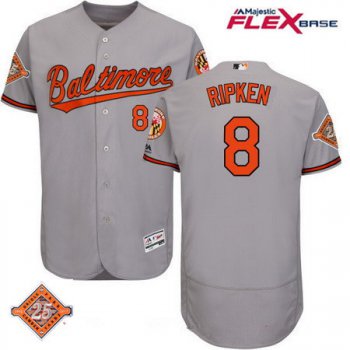Men's Baltimore Orioles #8 Cal Ripken Retired Gray Road 25TH Patch Stitched MLB Majestic Flex Base Jersey