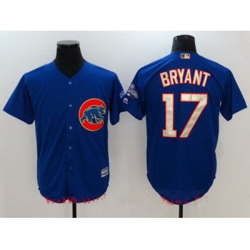 Men's Chicago Cubs #17 Kris Bryant Royal Blue World Series Champions Gold Stitched MLB Majestic 2017 Cool Base Jersey